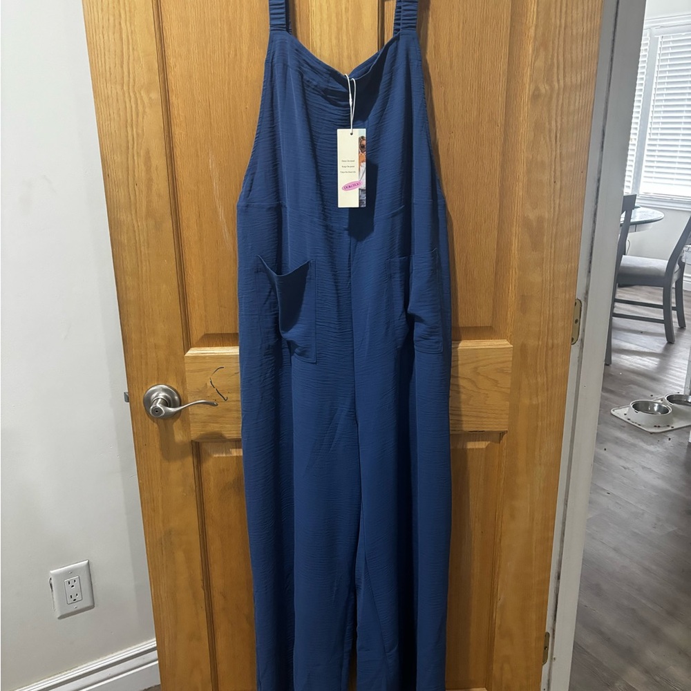 Blue Women's Wide-Leg Jumpsuit with Pockets